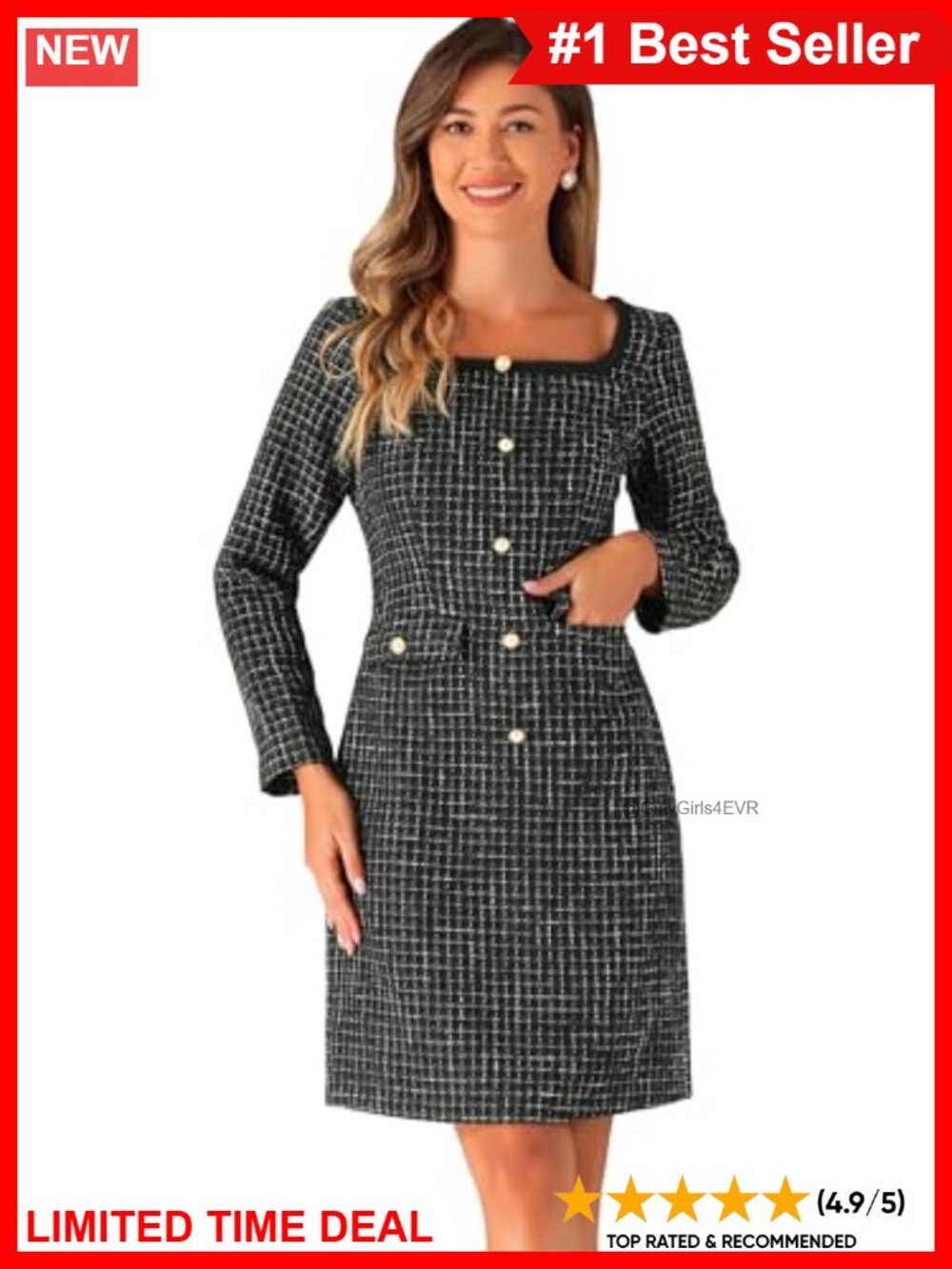 Tweed Plaid Square Neck Long Sleeve Cocktail Sheath Dress